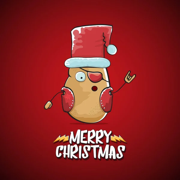 Vettore rock star Babbo Natale patata divertente personaggio carino cartone animato con cappello rosso di Babbo Natale e calligrafico allegro testo di Natale isolato sullo sfondo rosso. Rock n roll funky banner per feste di Natale — Vettoriale Stock
