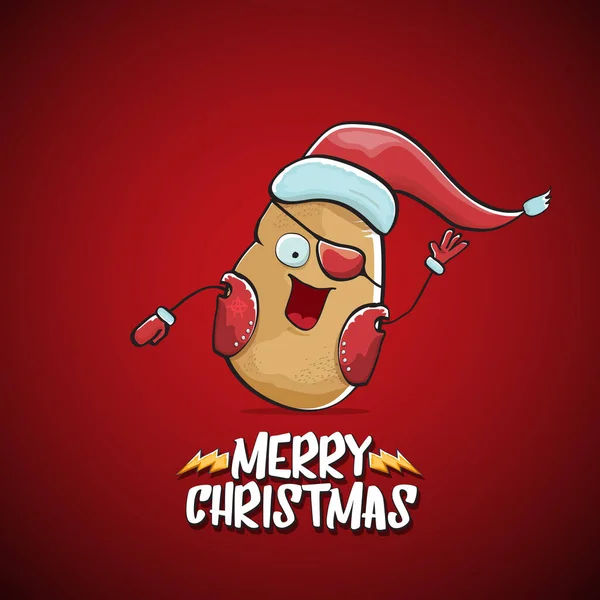 Векторная рок-звезда Санта-Клаус картофель смешной мультфильм милый персонаж в красной шляпе Санты и каллиграфические веселый текст Рождества изолированы на красном фоне. Рок-н-ролл — стоковый вектор