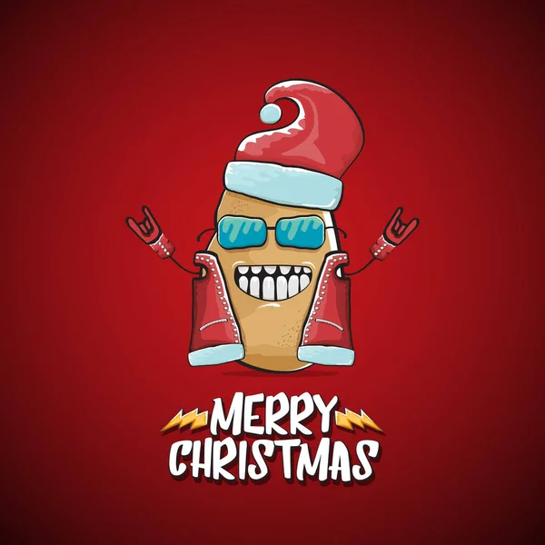 Vecteur rock star Santa Claus pomme de terre drôle personnage de dessin animé mignon avec chapeau de Père Noël rouge et calligraphique texte joyeux Noël isolé sur le fond rouge. Rock n roll funky bannière de fête de Noël — Image vectorielle