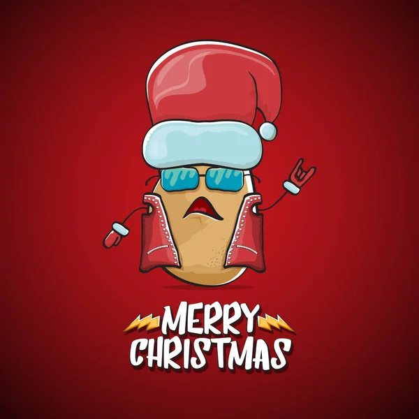 Διάνυσμα ροκ σταρ Santa Claus πατάτα αστεία κινούμενα σχέδια χαριτωμένο χαρακτήρα με κόκκινο καπέλο Σάντα και καλλιγραφικά Καλά Χριστούγεννα κείμενο απομονώνονται στο κόκκινο φόντο. Ροκ ν ρολ funky Χριστουγεννιάτικο banner κόμμα — Διανυσματικό Αρχείο