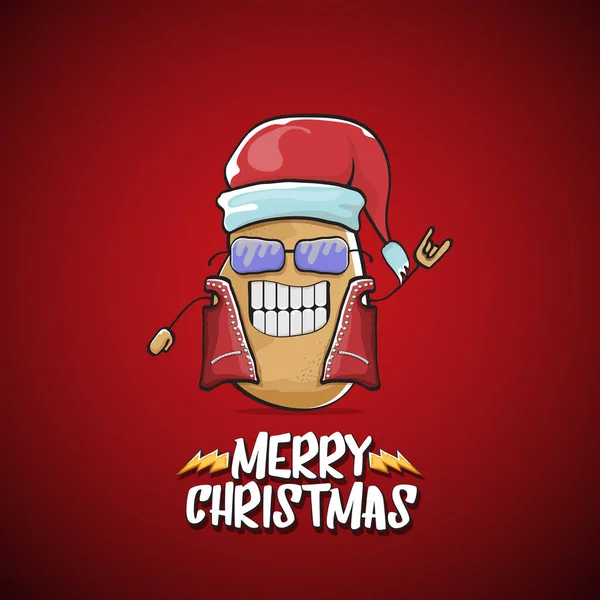 Vektor rockstjärna Santa Claus potatis rolig tecknad söt karaktär med röd Santa hatt och kalligrafisk God Jul text isolerad på den röda bakgrunden. Rock n roll funky Julfest banner — Stock vektor