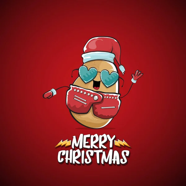 Vector rock star Santa Claus potato funny cartoon cute character with red Santa hat and calligraphic merry Christmas text isolated on the red background. Rock n roll funky Christmas party banner — Stock Vector