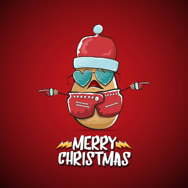 Vector rock star Santa Claus potato funny cartoon cute character with red Santa hat and calligraphic merry Christmas text isolated on the red background. Rock n roll funky Christmas party banner — Stock Vector