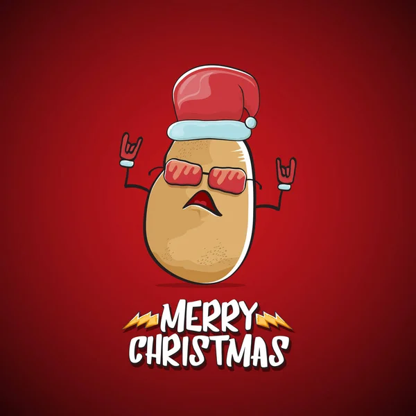 Vector estrella de rock Papá Noel patata divertida caricatura lindo personaje con sombrero de Santa rojo y caligrafía alegre texto de Navidad aislado en el fondo rojo. Rock n roll funky banner de fiesta de Navidad — Archivo Imágenes Vectoriales