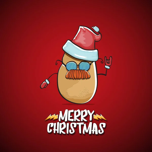 Vector rock star Santa Claus potato funny cartoon cute character with red Santa hat and calligraphic merry Christmas text isolated on the red background. Rock n roll funky Christmas party banner — Stock Vector