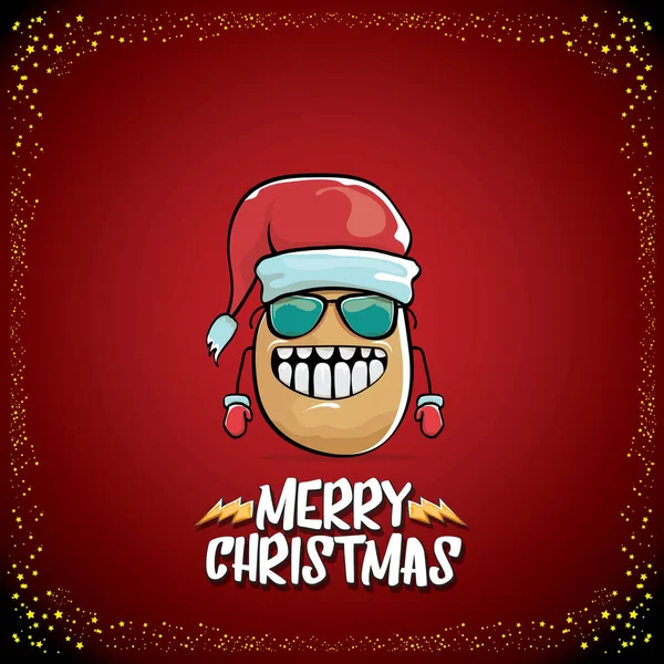 Vetor funky comic cartoon bonito marrom sorrindo santa claus batata com chapéu vermelho santa e cartoon alegre natal texto isolado no fundo vermelho clássico. vegetal funky Natal crianças personagem —  Vetores de Stock