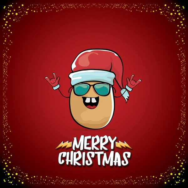 Vektor funky comic cartoon niedlich braun lächelnde Weihnachtsmann Kartoffel mit rotem Weihnachtsmann Hut und Cartoon frohe Weihnachten Text isoliert auf klassischem rotem Hintergrund. Gemüse funky Weihnachten Kinder Charakter — Stockvektor