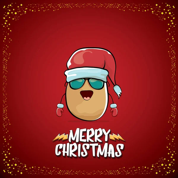 Vector funky historieta caricatura lindo marrón sonriente papa santa claus con sombrero de santa rojo y caricatura feliz texto de Navidad aislado sobre fondo rojo clásico. vegetal funky Navidad niños carácter — Archivo Imágenes Vectoriales