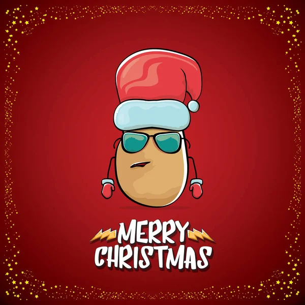 Vector funky comic cartoon cute brown smiling santa claus potato with red santa hat and cartoon merry christmas text isolated on classic red background. vegetable funky christmas kids character — Stock Vector