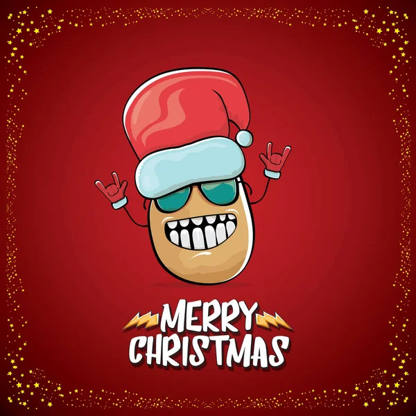 Vector funky comic cartoon cute brown smiling santa claus potato with red santa hat and cartoon merry christmas text isolated on classic red background. vegetable funky christmas kids character — Stock Vector