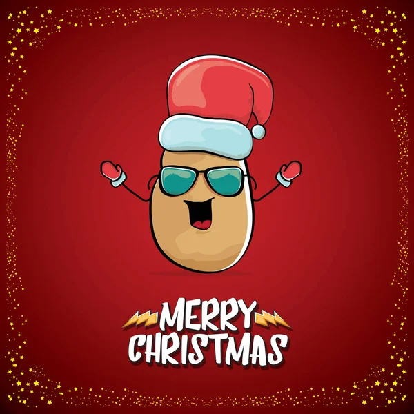 Vetor funky comic cartoon bonito marrom sorrindo santa claus batata com chapéu vermelho santa e cartoon alegre natal texto isolado no fundo vermelho clássico. vegetal funky Natal crianças personagem — Vetor de Stock