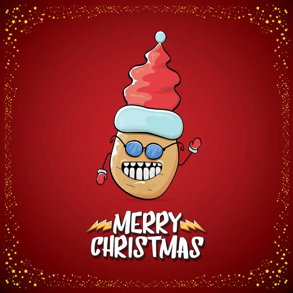 Vector funky comic cartoon cute brown smiling santa claus potato with red santa hat and cartoon merry christmas text isolated on classic red background. vegetable funky christmas kids character — Stock Vector