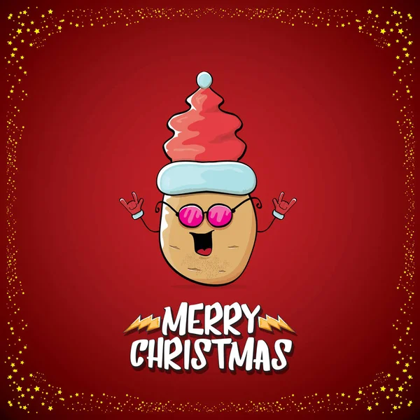矢量时髦漫画可爱的棕色微笑桑塔土豆与红色桑塔帽子和漫画快乐圣诞文本孤立在经典的红色背景。蔬菜时髦的圣诞节孩子们的性格 — 图库矢量图片
