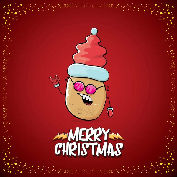 Vector funky comic cartoon cute brown smiling santa claus potato with red santa hat and cartoon merry christmas text isolated on classic red background. vegetable funky christmas kids character — Stock Vector