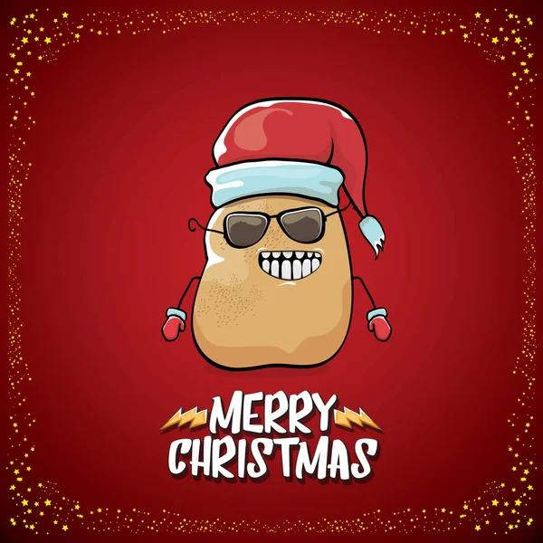 Vector funky historieta caricatura lindo marrón sonriente papa santa claus con sombrero de santa rojo y caricatura feliz texto de Navidad aislado sobre fondo rojo clásico. vegetal funky Navidad niños carácter — Archivo Imágenes Vectoriales