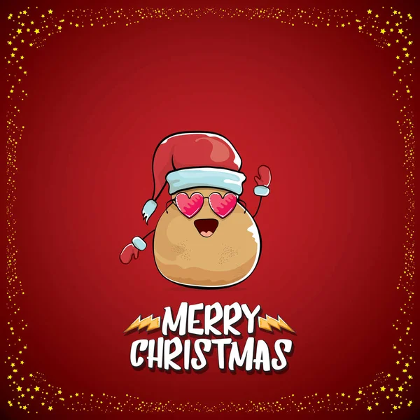 矢量时髦漫画可爱的棕色微笑桑塔土豆与红色桑塔帽子和漫画快乐圣诞文本孤立在经典的红色背景。蔬菜时髦的圣诞节孩子们的性格 — 图库矢量图片