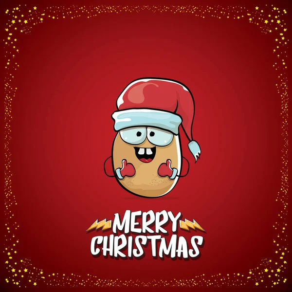 Vektor funky komisk tecknad söt brun leende tomte potatis med röd tomte hatt och tecknad glad jul text isolerad på klassisk röd bakgrund. grönsaker funky jul barn karaktär — Stock vektor
