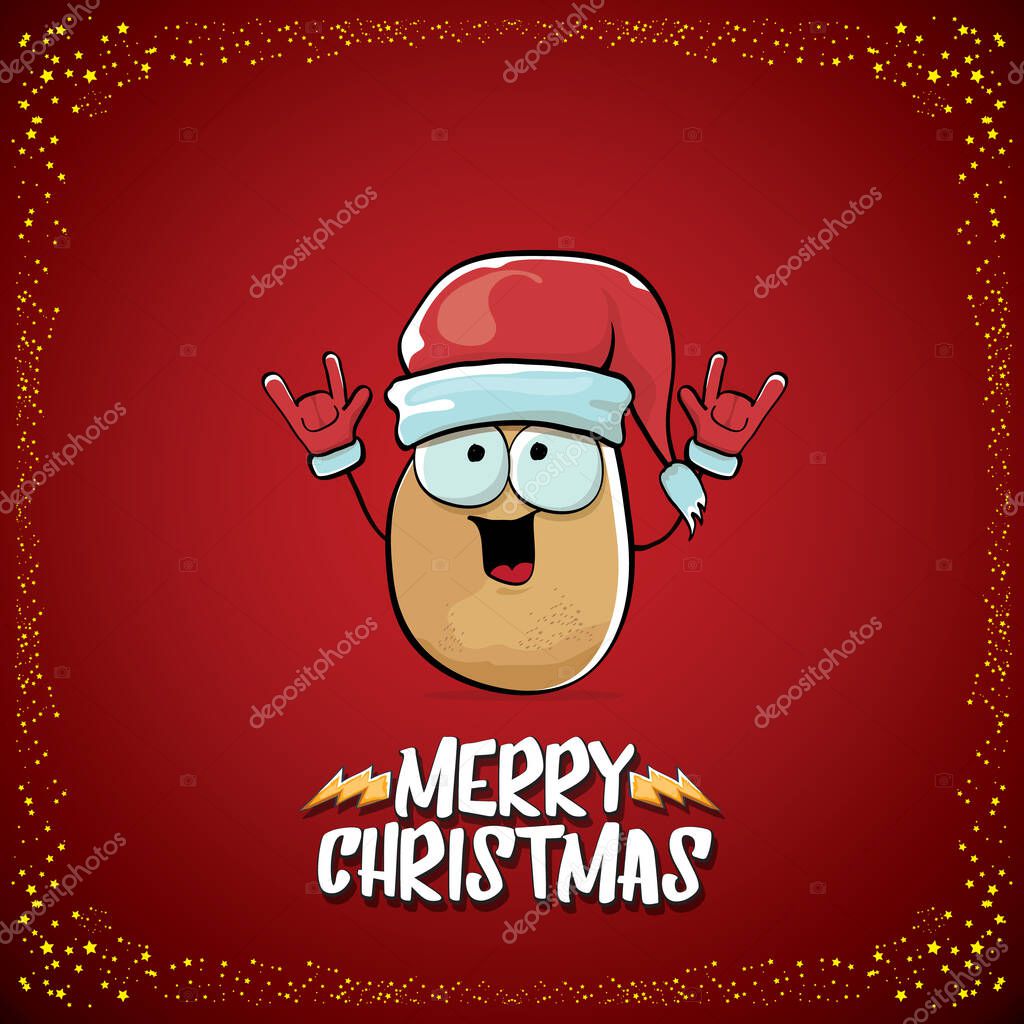 Vector funky comic cartoon cute brown smiling santa claus potato with santa hat and cartoon merry christmas text isolated on classic red background. vegetable funky christmas kids character