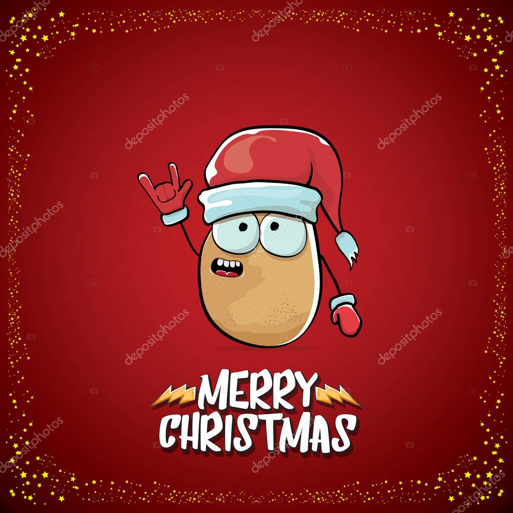 Vector funky comic cartoon cute brown smiling santa claus potato with santa hat and cartoon merry christmas text isolated on classic red background. vegetable funky christmas kids character