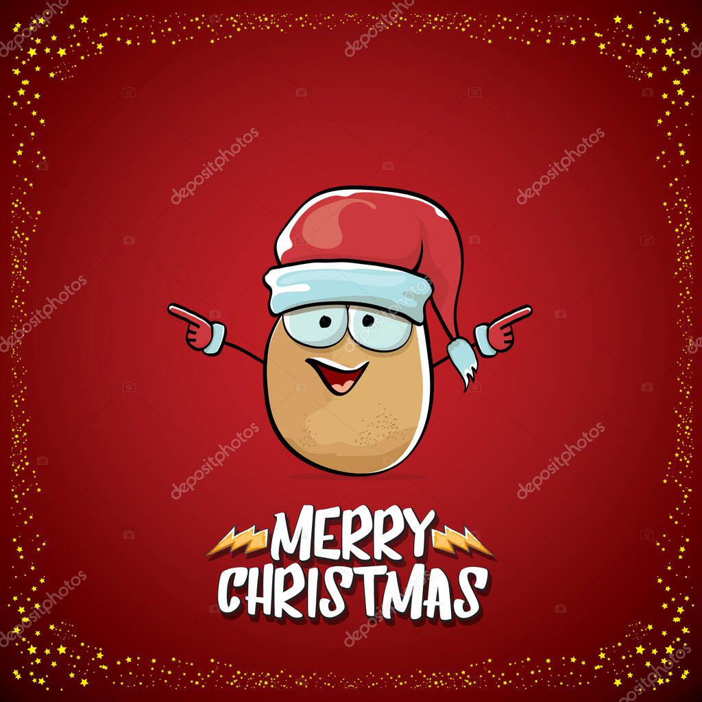 Vector funky comic cartoon cute brown smiling santa claus potato with santa hat and cartoon merry christmas text isolated on classic red background. vegetable funky christmas kids character