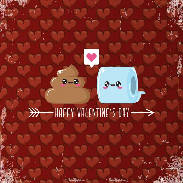 Funky poo and toilet paper falling in love. Valentines day cartoon funky greeting card or banner with paper roll and poo character isolated on red background with hearts. 14 february banner — Stock Vector