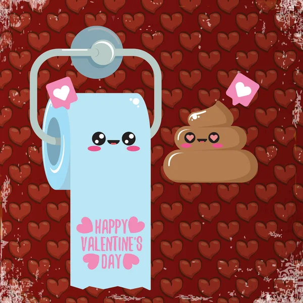 Funky Poo und Toilettenpapier verlieben sich. Valentinstag cartoon funky grußkarte oder banner mit papierrolle und poo figur isoliert auf rotem hintergrund mit herzen. 14 februar banner — Stockvektor