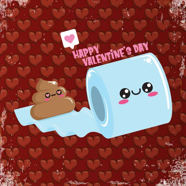 Funky poo and toilet paper falling in love. Valentines day cartoon funky greeting card or banner with paper roll and poo character isolated on red background with hearts. 14 february banner — Stock Vector