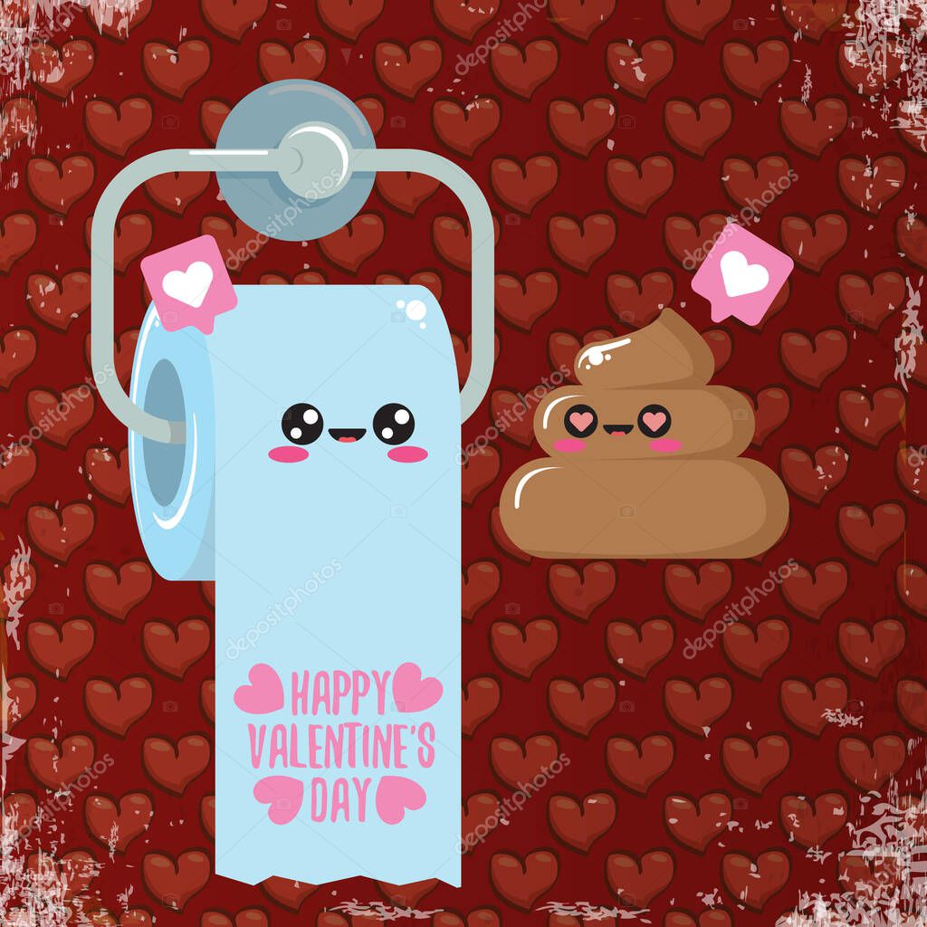 Funky poo and toilet paper in love. Valentines day cartoon funky greeting card or banner with paper roll and poo character isolated on red background. 14 february creative cute banner