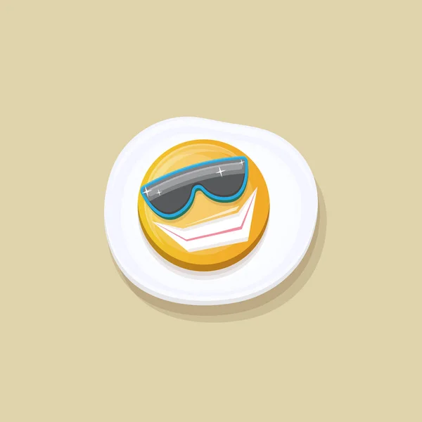 Vector funny cartoon fried egg character with sunglasses isolated on grey background. funky smiling morning food fried egg. Good morning concept — Stock vektor