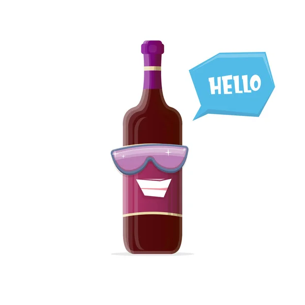 Vector divertido personaje de la botella de vino tinto de dibujos animados con gafas de sol aisladas sobre fondo blanco. plantilla de diseño de carácter de botella de vino de vidrio sonriente funky para menú de vino o mapa de vino. — Archivo Imágenes Vectoriales