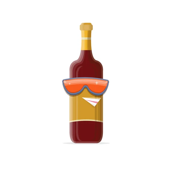 Vector divertido personaje de la botella de vino tinto de dibujos animados con gafas de sol aisladas sobre fondo blanco. plantilla de diseño de carácter de botella de vino de vidrio sonriente funky para menú de vino o mapa de vino. — Archivo Imágenes Vectoriales