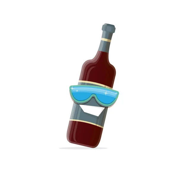 Vector divertido personaje de la botella de vino tinto de dibujos animados con gafas de sol aisladas sobre fondo blanco. plantilla de diseño de carácter de botella de vino de vidrio sonriente funky para menú de vino o mapa de vino. — Archivo Imágenes Vectoriales