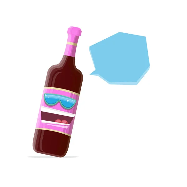 Vector divertido personaje de la botella de vino tinto de dibujos animados con gafas de sol aisladas sobre fondo blanco. plantilla de diseño de carácter de botella de vino de vidrio sonriente funky para menú de vino o mapa de vino. — Vector de stock