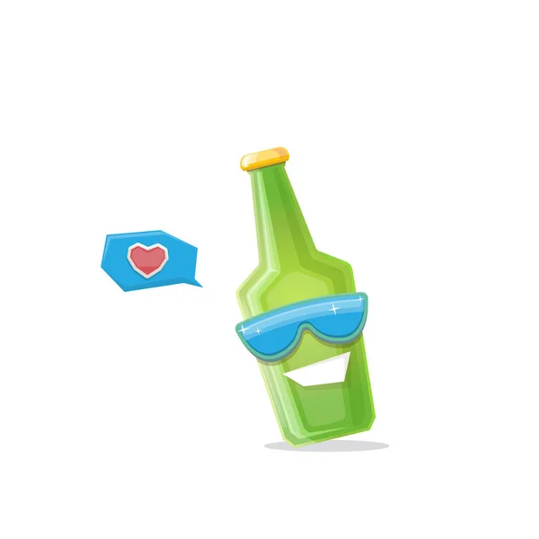 Vecteur dessin animé funky bouteille de bière personnage avec des lunettes de soleil isolé sur fond blanc. Étiquette de bière drôle vectorielle ou modèle de conception d'affiche. Journée internationale de la bière affiche ou bannière de bande dessinée — Image vectorielle