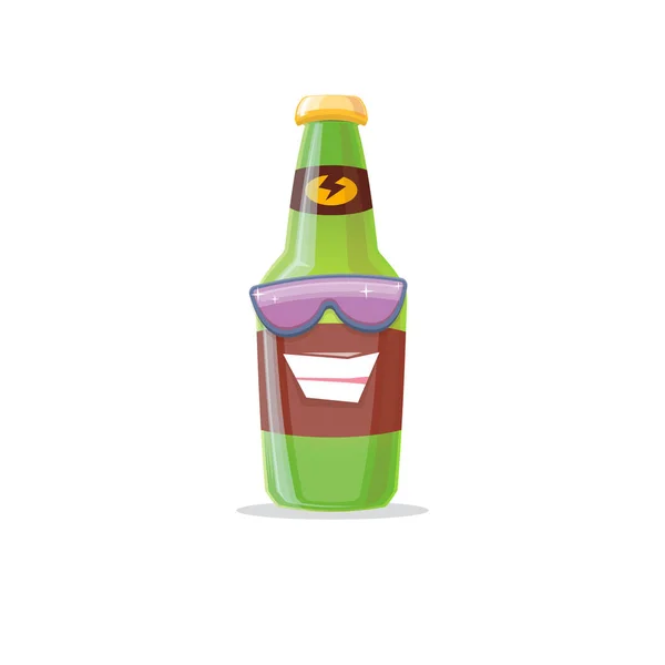 Vector cartoon funky beer bottle character with sunglasses isolated on white background. Vector funny beer label or poster design template. International beer day cartoon comic poster or banner — Stock vektor