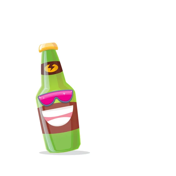 Vector cartoon funky beer bottle character with sunglasses isolated on white background. Vector funny beer label or poster design template. International beer day cartoon comic poster or banner — Vetor de Stock