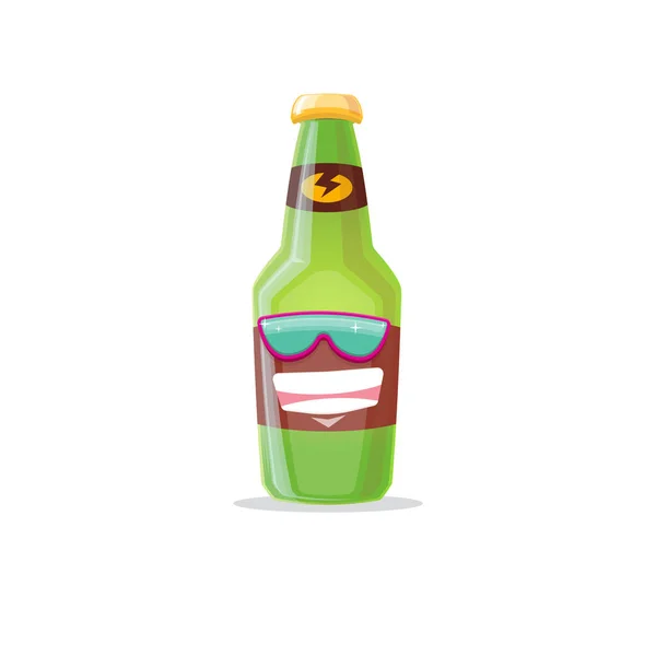 Vector cartoon funky beer bottle character with sunglasses isolated on white background. Vector funny beer label or poster design template. International beer day cartoon comic poster or banner — Vetor de Stock