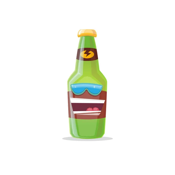 Vector cartoon funky beer bottle character with sunglasses isolated on white background. Vector funny beer label or poster design template. International beer day cartoon comic poster or banner — Stok Vektör