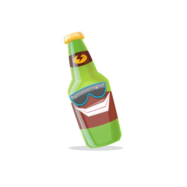 Vector cartoon funky bier fles karakter met zonnebril geïsoleerd op witte achtergrond. Vector grappig bier label of poster ontwerp template. Internationale bier dag stripverhaal poster of banner — Stockvector