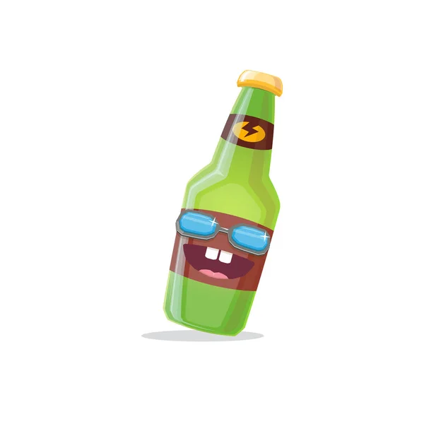 Vector cartoon funky beer bottle character with sunglasses isolated on white background. Vector funny beer label or poster design template. International beer day cartoon comic poster or banner — Wektor stockowy