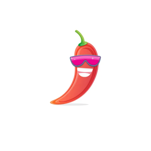Vector funny cartoon red hot chilli pepper character with sunglasses isolated on white background. funky smiling cute mexican paprika pepper vegetable character. — Stok Vektör