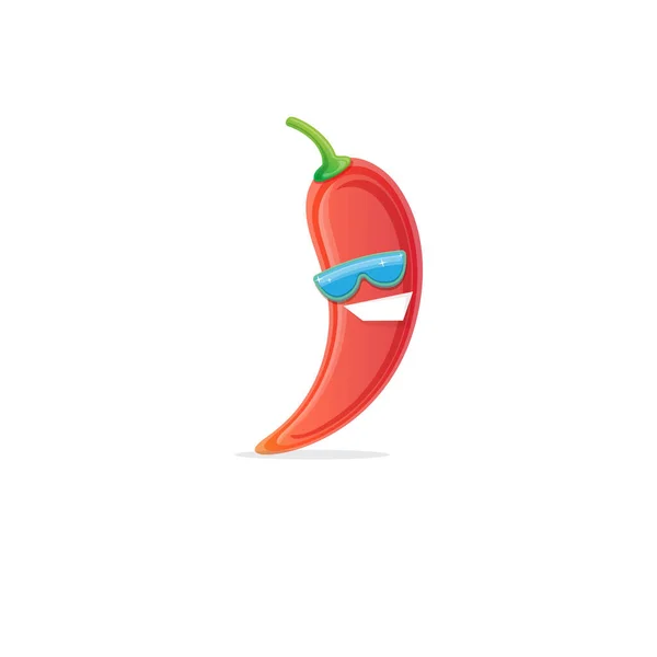 Vector divertido dibujo animado rojo picante pimienta carácter con gafas de sol aisladas sobre fondo blanco. funky sonriente lindo mexicano pimentón carácter vegetal. — Vector de stock