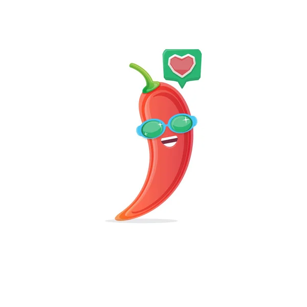 Vector funny cartoon red hot chilli pepper character with sunglasses isolated on white background. funky smiling cute mexican paprika pepper vegetable character. — Stok Vektör