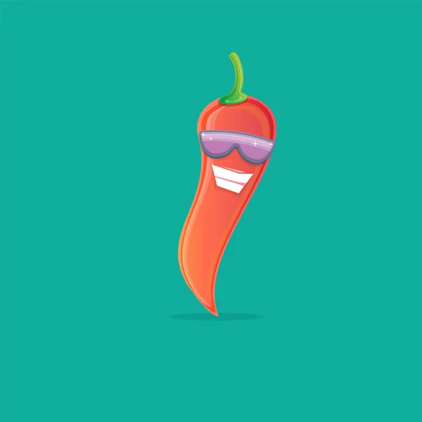 Vector funny cartoon red hot chilli pepper character with sunglasses isolated on azure background. funky smiling cute mexican paprika pepper vegetable character. — Διανυσματικό Αρχείο