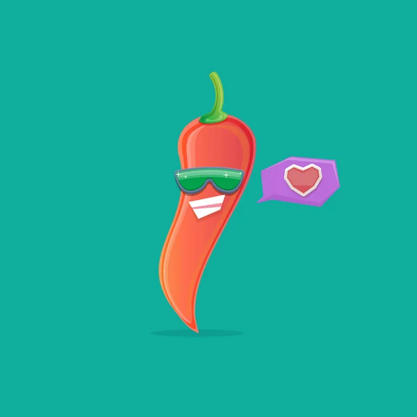 Vettore divertente cartone animato rosso peperoncino piccante personaggio con occhiali da sole isolati su sfondo azzurro. funky sorridente carino messicano paprica pepe carattere vegetale. — Vettoriale Stock