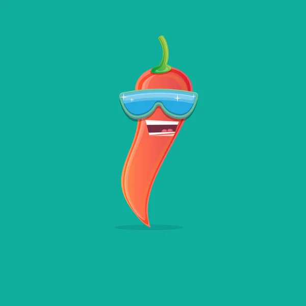 Vektor lustig Cartoon Red Hot Chili Pepper Charakter mit Sonnenbrille isoliert auf azurblauem Hintergrund. funky lächelnd niedlich mexikanische Paprika Pfeffer Gemüse Charakter. — Stockvektor