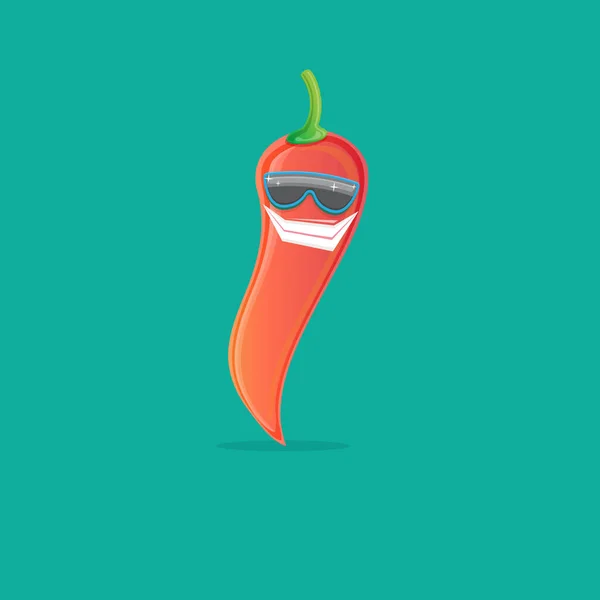 Vetor engraçado desenho animado vermelho quente chilli pimenta personagem com óculos de sol isolados em fundo azul. funky sorrindo bonito mexicana páprica pimenta personagem vegetal. —  Vetores de Stock