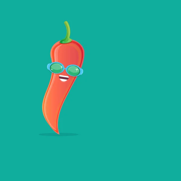 Vetor engraçado desenho animado vermelho quente chilli pimenta personagem com óculos de sol isolados em fundo azul. funky sorrindo bonito mexicana páprica pimenta personagem vegetal. —  Vetores de Stock