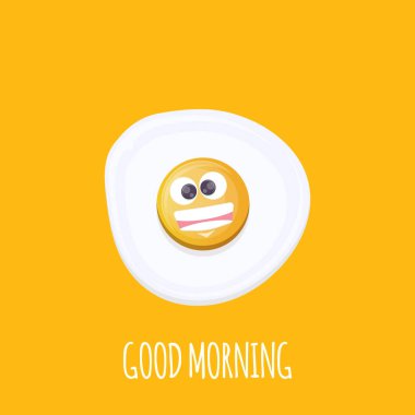 Turuncu arka planda izole edilmiş komik çizgi film karakteri. Sabahları pişmiş yumurta gibi sırıtarak. Günaydın konsept.
