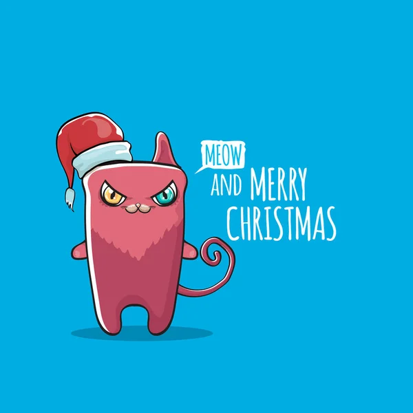 Vector Feliz Navidad tarjeta de felicitación funky o pancarta con kawaii lindo personaje gato de Santa Claus con sombrero de sant rojo aislado sobre fondo azul. Cartel divertido de Navidad para niños o plantilla de diseño impreso. — Vector de stock